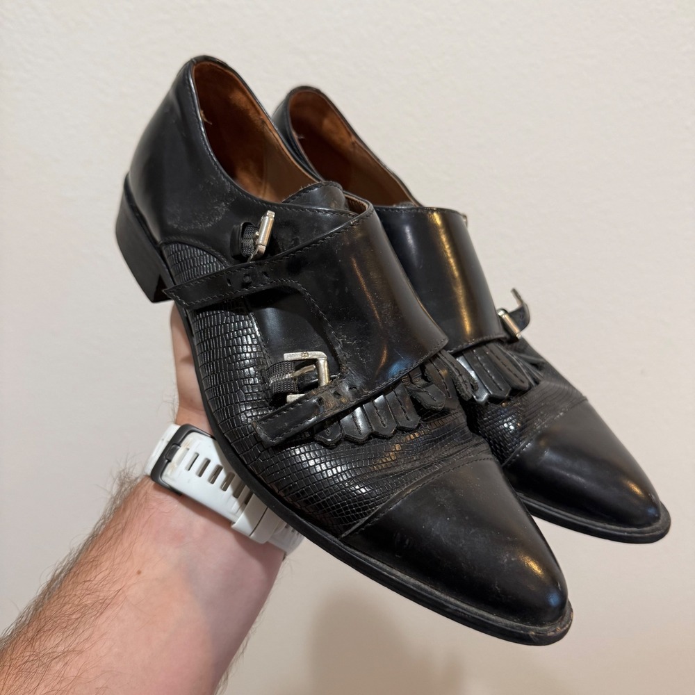 Massimo Dutti Black Leather Double Monk Strap Kiltie Fringe Pointed Shoes 38